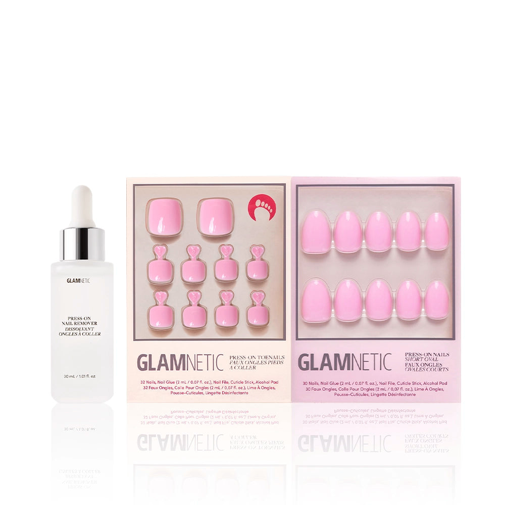 Glamnetic Think Pink Mani & Pedi bundle paired with a white dropper bottle of press-on nail remover. Set includes vivid pink gloss finish press-on toenails and fingernails. - Product image
