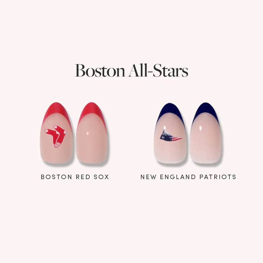 The glamnetic Boston All-Stars bundle includes four press-on nails with sports-themed designs: two with a red tip and Boston Red Sox logo, and two with a blue tip and New England Patriots logo. - Product image