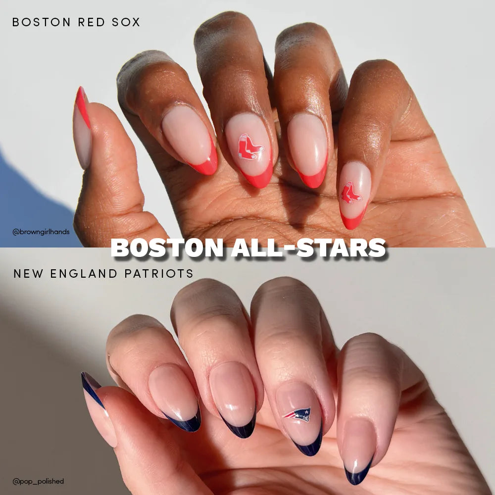 Two hands display glamnetic’s Boston All-Stars press-on nails: red French tips with Red Sox logos and blue French tips with Patriots logos. Each design is labeled for the Boston Red Sox or New England Patriots.
