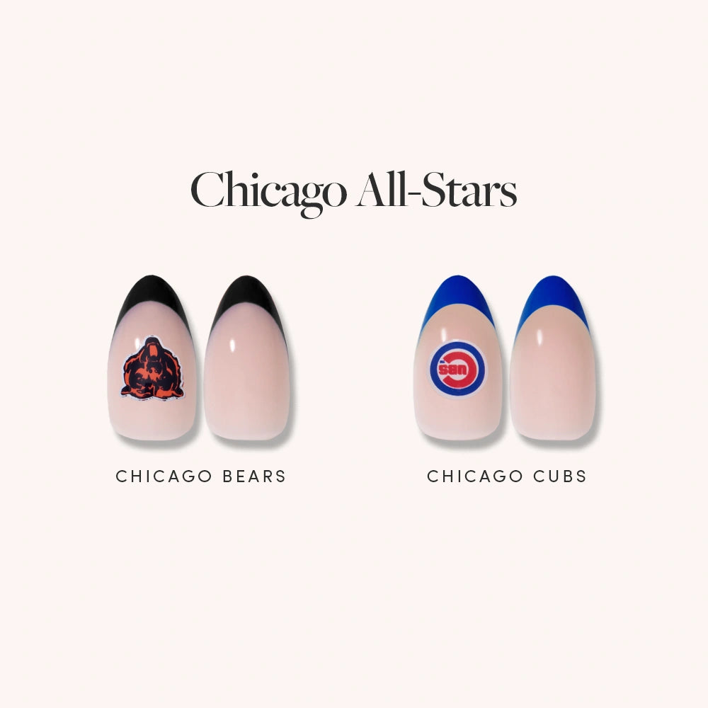 Show your team pride with glamnetic’s Chicago All-Stars set: four press-on nails featuring Chicago Bears (black tips) and Chicago Cubs (blue tips) designs. Perfect for fans of these officially licensed sports-themed nail sets!. - Product image