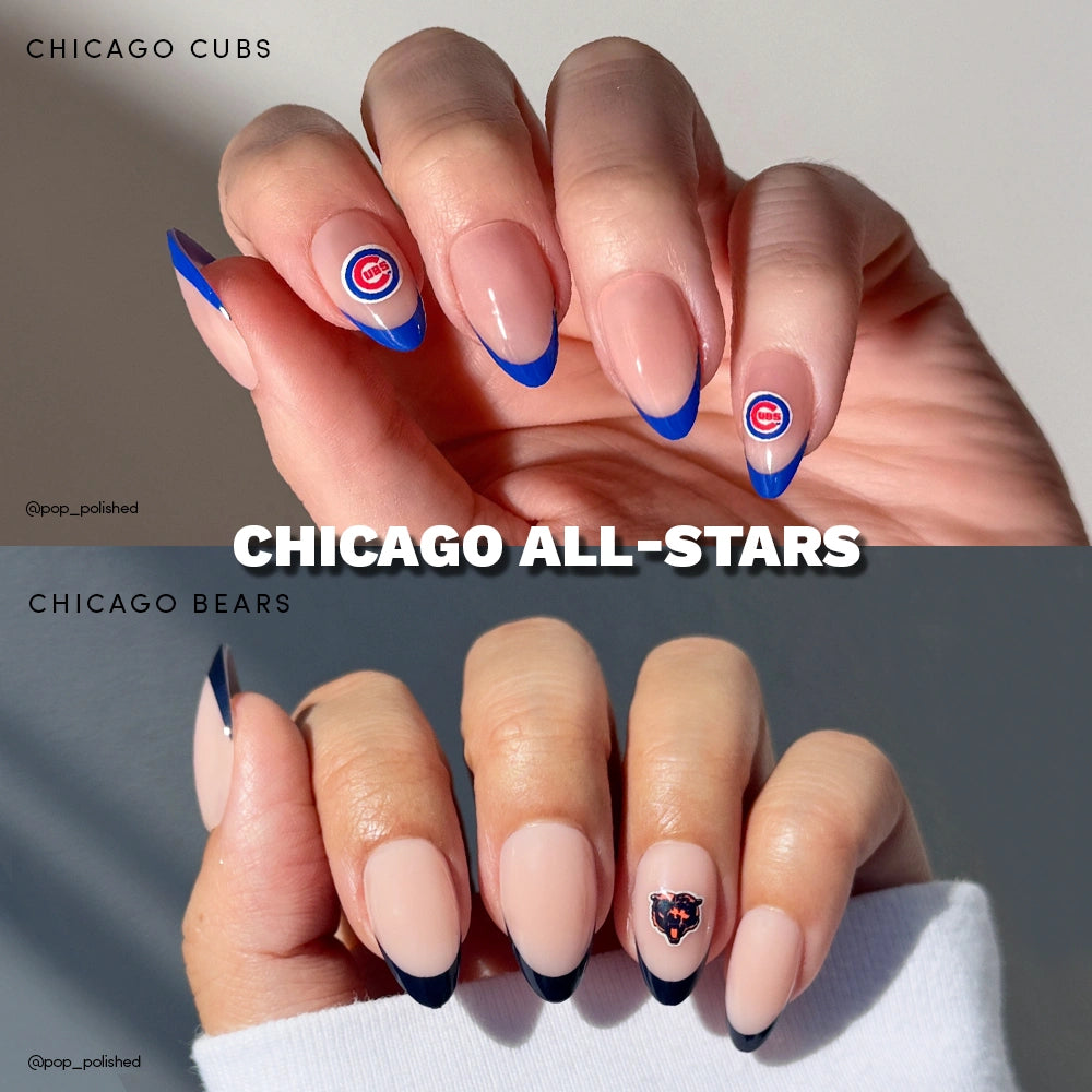 Two images show manicured hands with sports-themed press-ons: blue French tips and Chicago Cubs nails above, navy tips with Chicago Bears nails below. Text reads CHICAGO ALL-STARS by glamnetic, with each teams name labeled.