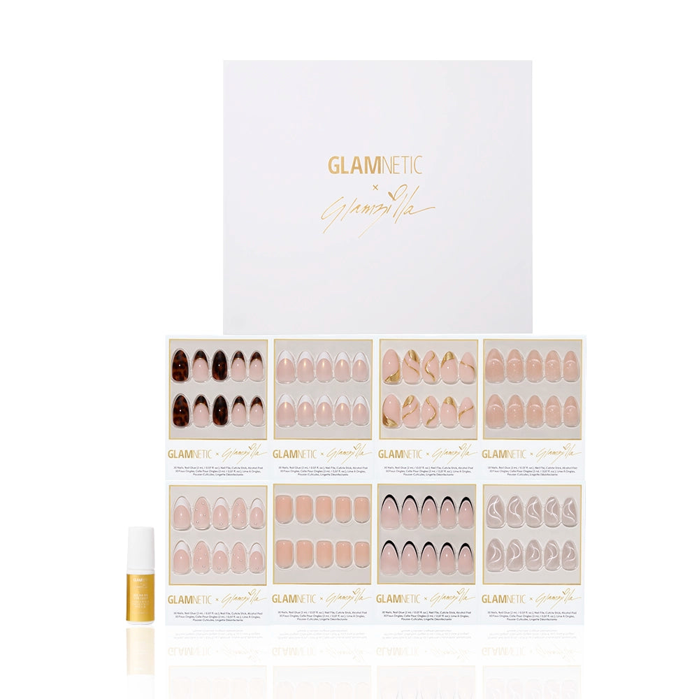 “Full Glamnetic x Glamzilla ‘For the Glamsquad’ press-on nail bundle featuring all 8 nail designs neatly displayed in a collector’s edition white box with gold foil logo. Includes yellow Glamzilla brush-on nail glue. - Product image