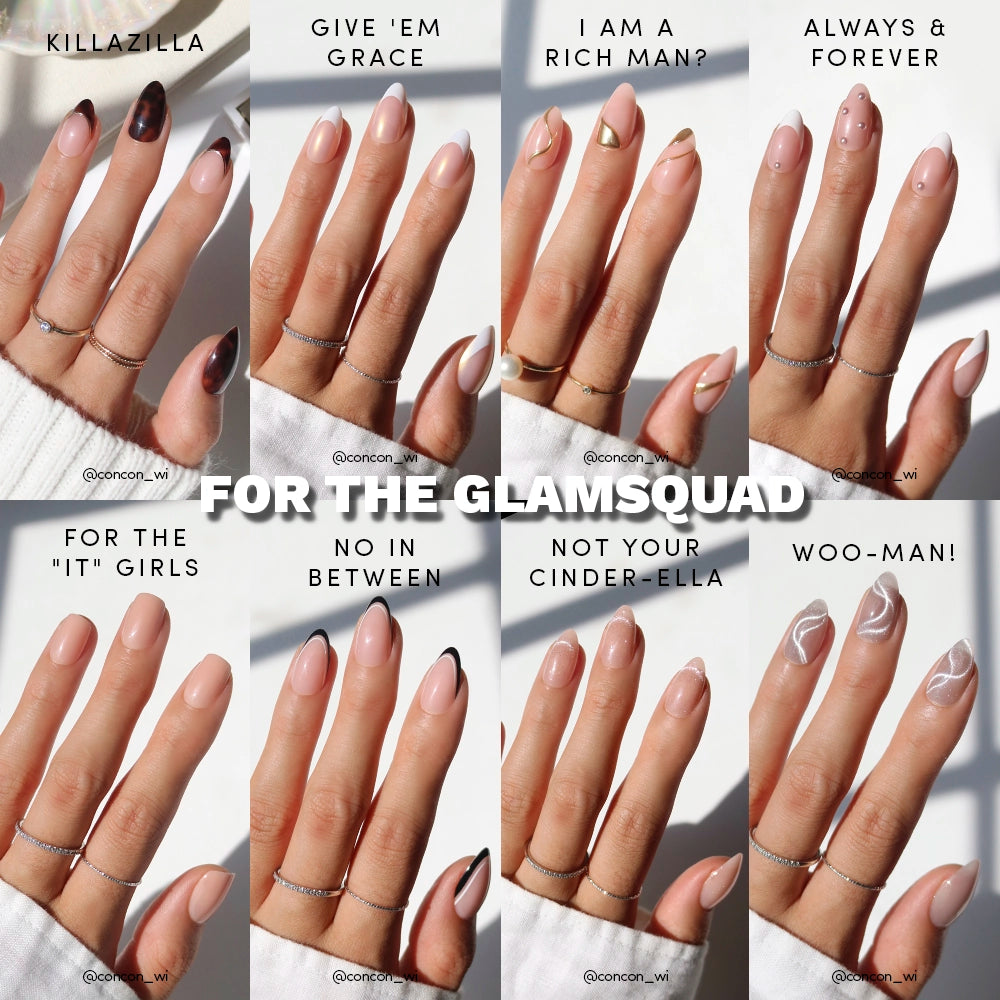 Collage of hand models wearing all eight Glamnetic x Glamzilla ‘For the Glamsquad’ nail designs: Killazilla, Give ’Em Grace, I Am A Rich Man?, Always & Forever, For the ‘It’ Girls, No In Between, Not Your Cinder-Ella, and Woo-Man! Text reads ‘FOR THE GLAMSQUAD.