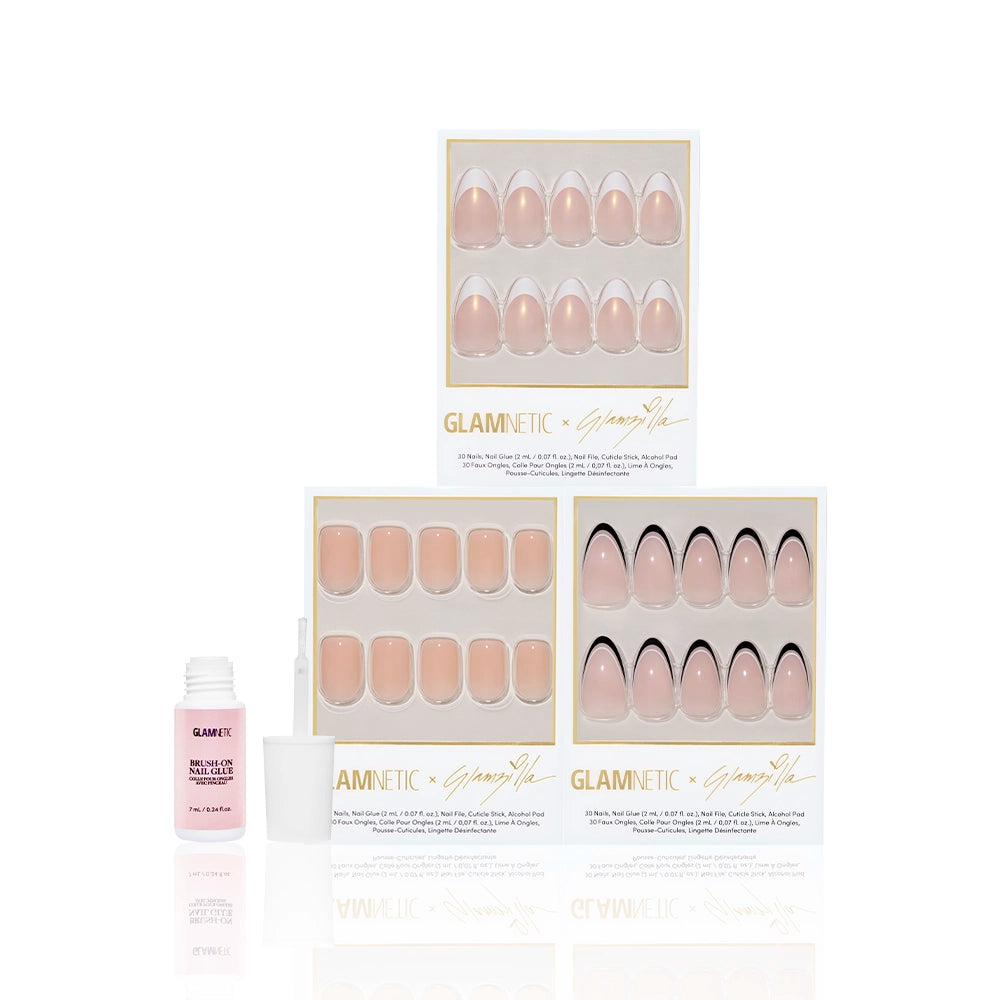 Flat lay of Glamnetic x Glamzilla ‘Keepin’ It Classy’ press-on nail collection with Glamnetic’s pink brush-on nail glue. Nails featured: shimmer French tips, nude squares, and black-edged almond shapes. - Product image