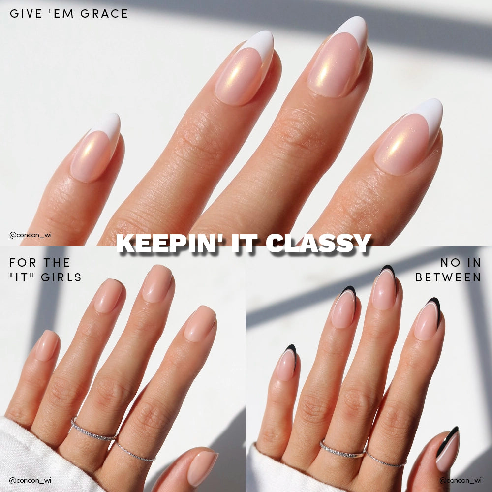 Collage showcasing three Glamnetic x Glamzilla ‘Keepin' It Classy’ press-on nail designs: ‘Give ’Em Grace’ with white French tips and shimmer, ‘For the “It” Girls’ with nude square nails, and ‘No In Between’ with black French tips. Centered bold text reads ‘KEEPIN’ IT CLASSY.