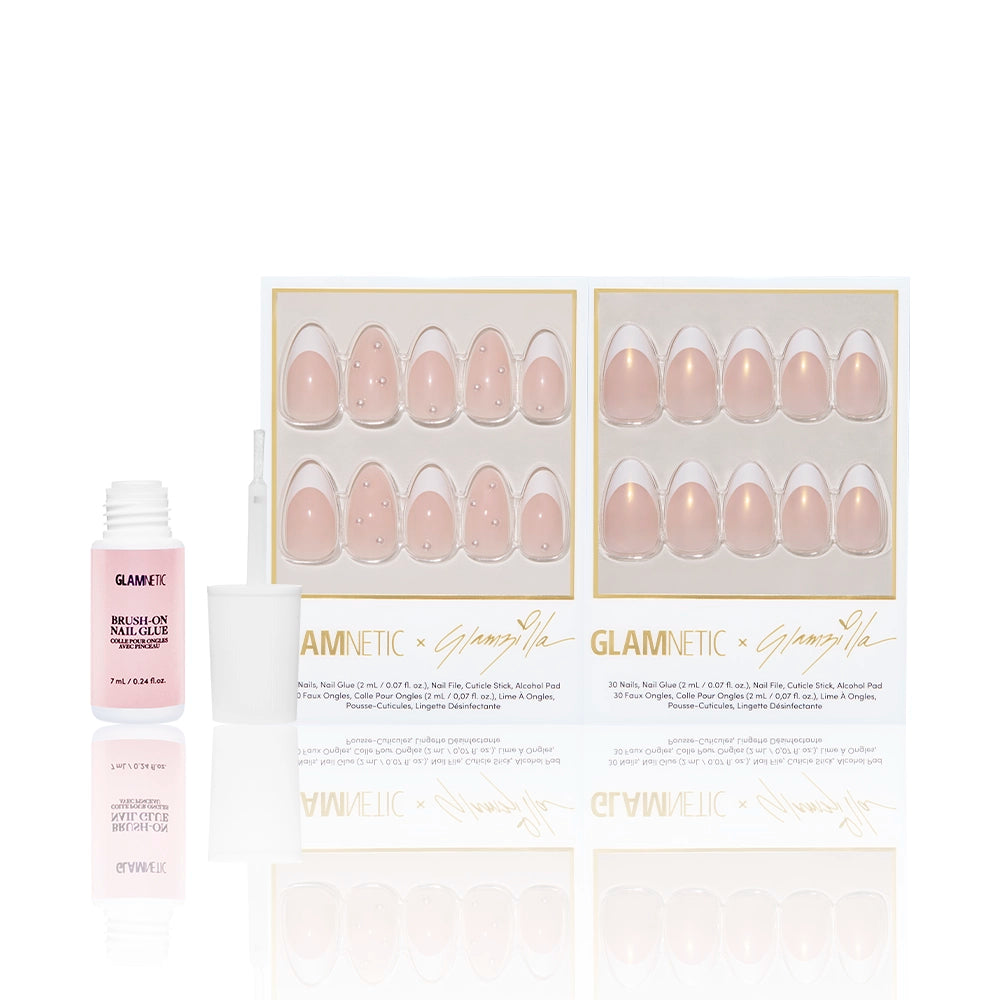 Glamnetic press-on nail set with a brush-on nail glue on a white background - Product image
