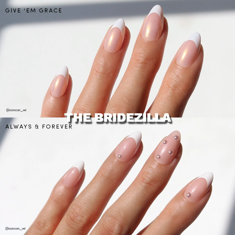 Close-up of a hand with pink and white nail polish on a light background, featuring the text 'THE BRIDEZILLA' and 'GIVE 'EM GRACE'.