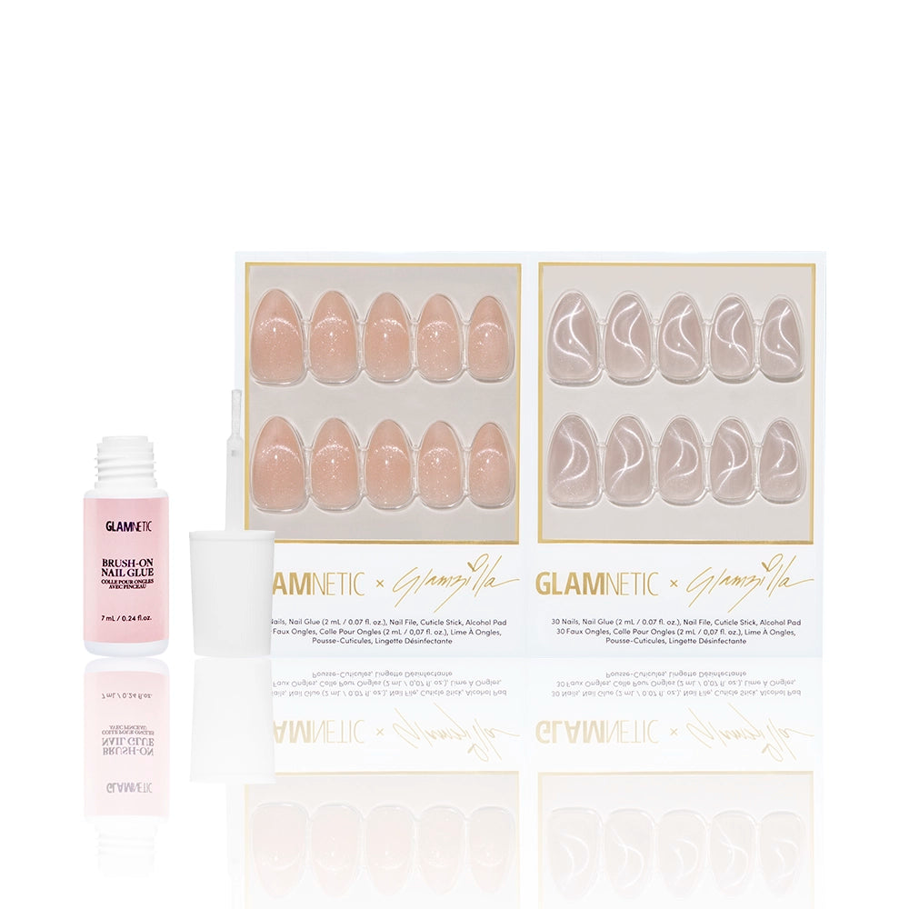 Flat lay of Glamnetic x Glamzilla ‘Velvetzilla’ duo featuring ‘Not Your Cinder-Ella’ and ‘Woo-Man!’ nails alongside Glamnetic’s pink bottle of brush-on nail glue with cap removed.” - Product image
