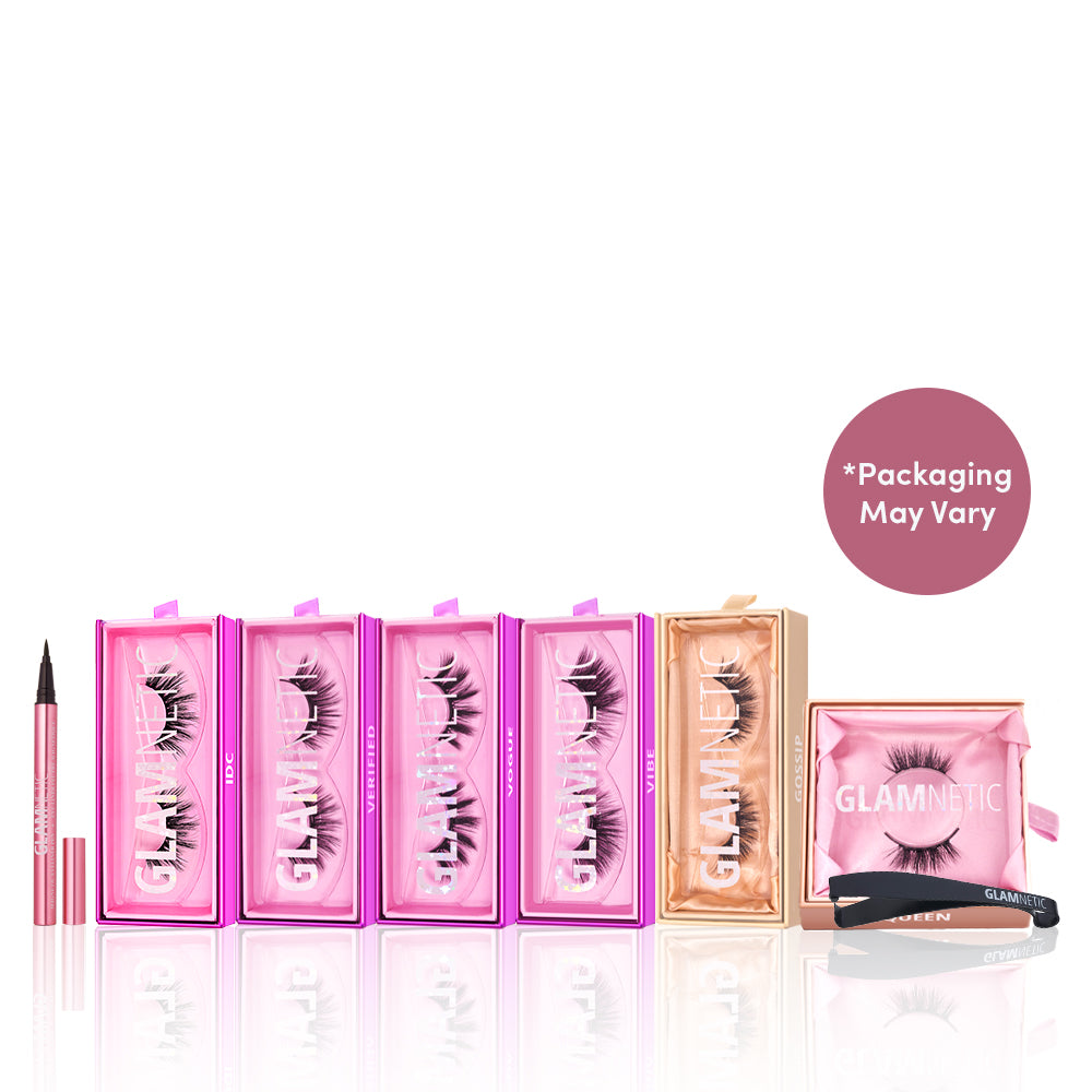 Set of Glamme Inc. false eyelashes and eyeliner with pink packaging on a white background.
