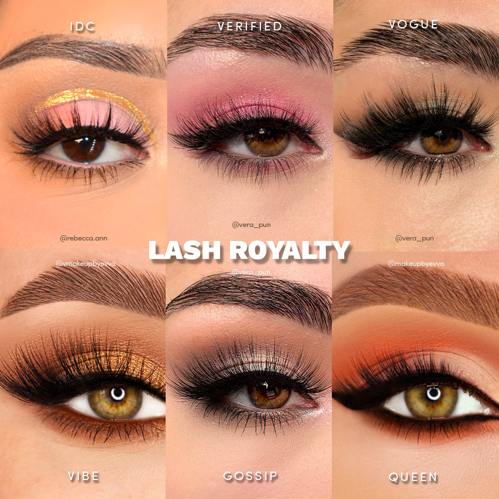 Collage of eyes with different lash styles labeled &#39;Lash Royalty&#39; on a neutral background.