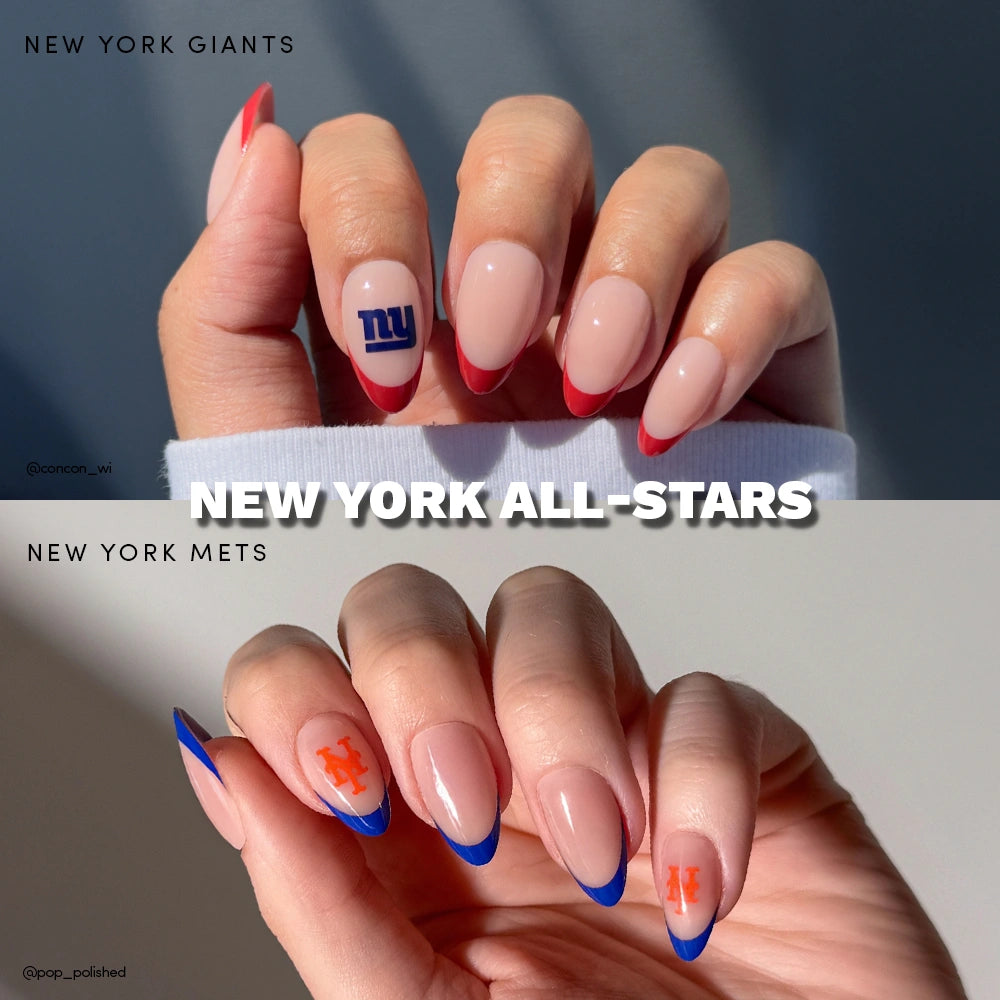 Two hands with manicured nails—top has nude nails with red tips and New York Giants press-ons; bottom has nude nails with blue tips and New York Mets press-ons. Text: New York All-Stars Giants &amp; Mets by glamnetic, featuring official sports nail sets.