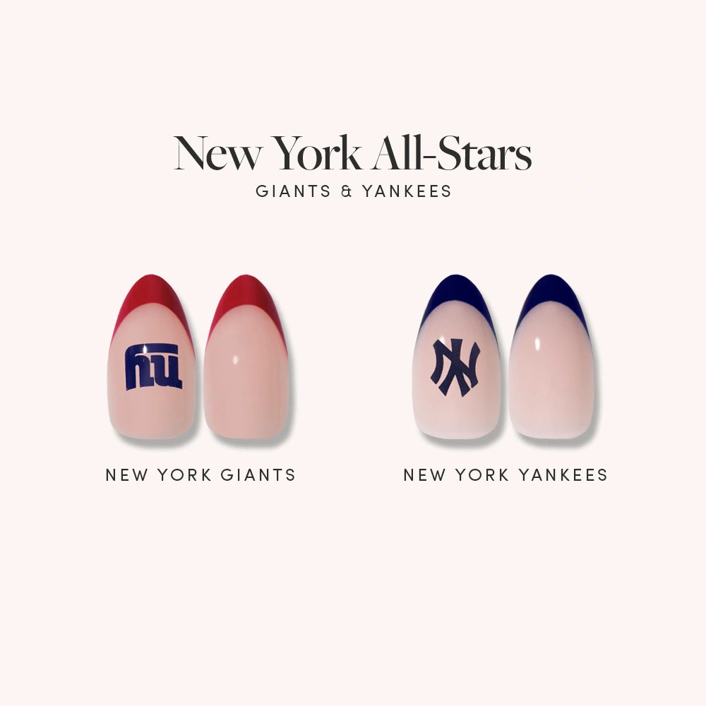 Show off your team spirit with glamnetic’s New York All-Stars Giants & Yankees nails: two feature the Giants logo with red tips, and two sport the Yankees logo with dark blue tips. - Product image