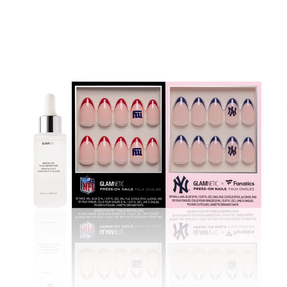 The glamnetic New York All-Stars Giants & Yankees set includes cuticle oil and two sets of officially licensed sports press-on nails with NFL and MLB team logos in red, white, and blue, shown packaged on a white background. - Product image