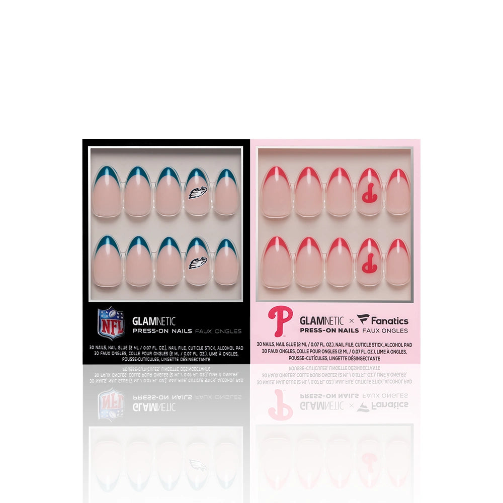 Two boxes of glamnetic Philadelphia All-Stars press-on nails are shown: the left has blue tips and an NFL logo, while the right features an officially licensed fan set with pink tips and a cursive “P.”.