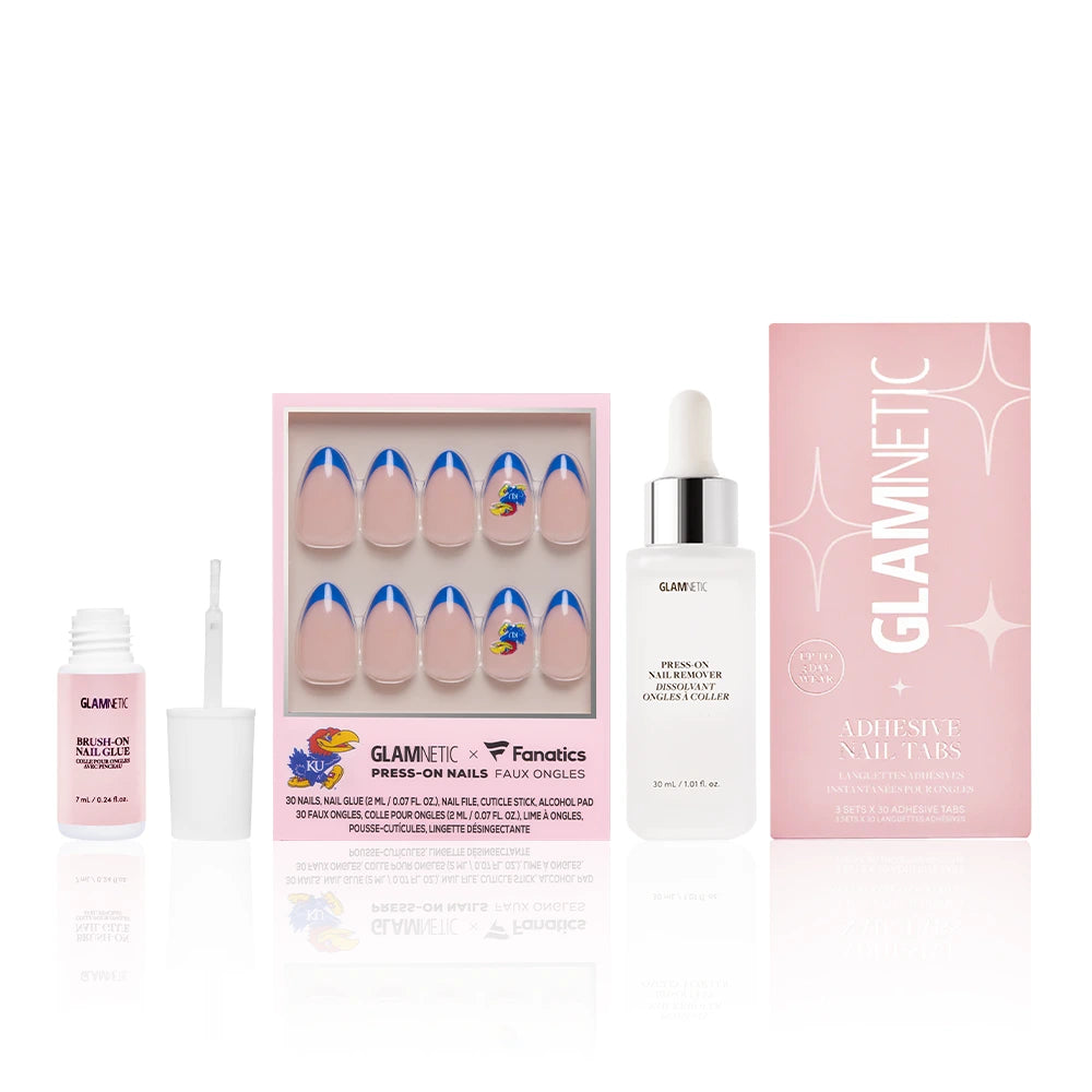The Kansas Jayhawks Gameplan by glamnetic: salon-quality press-on nails with blue tips, nail glue, Press-on nail remover, and adhesive tabs in a pink box—your perfect game day mani set on a white background.