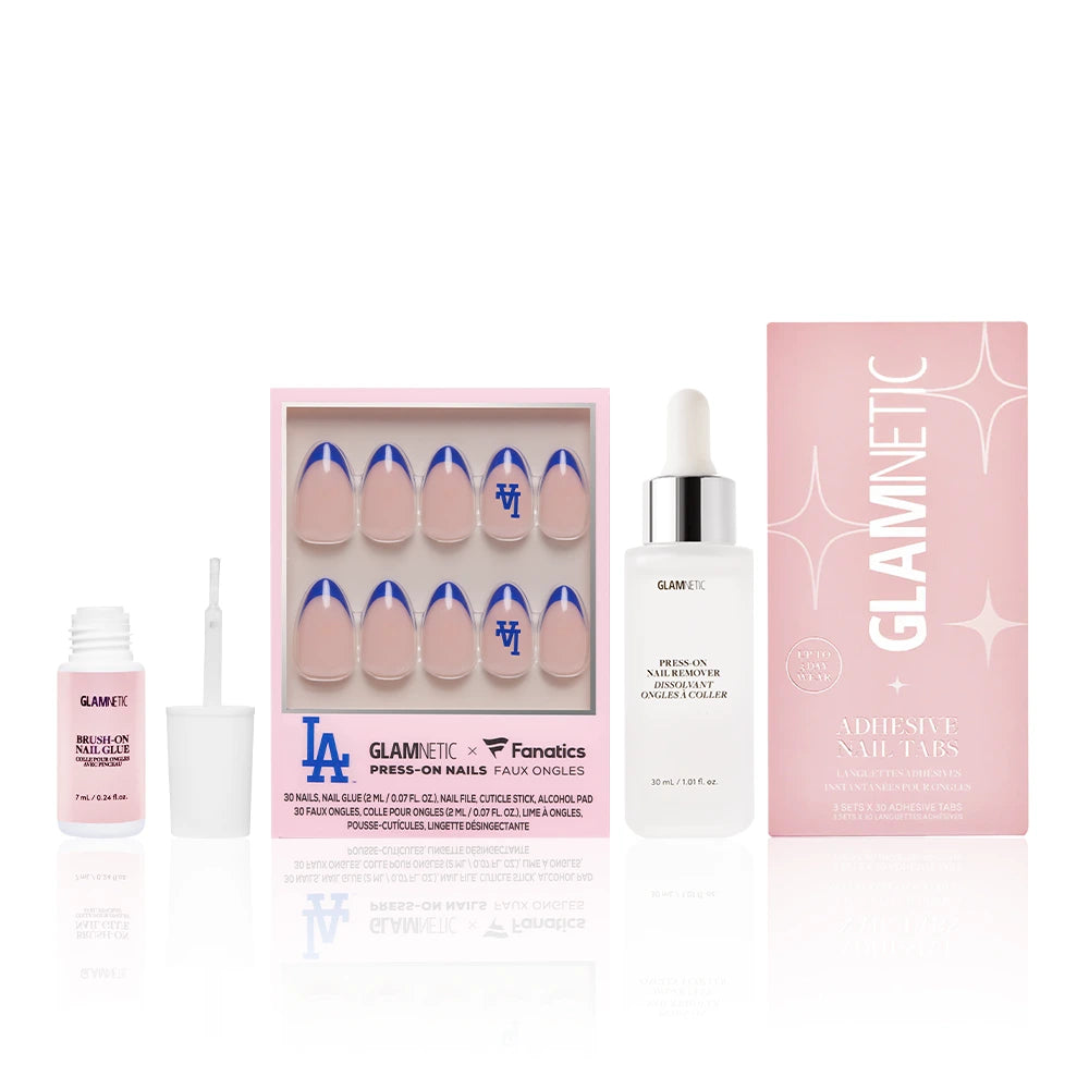 The Los Angeles Dodgers Major League Mani by glamnetic includes adhesive tabs, nail glue, and glossy sealer. This set features a pink base with blue tips and LA initials for the perfect press-on Dodgers nails look.