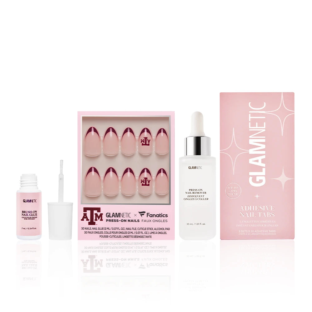 Glamnetic’s The Texas A&amp;M Aggies Gameplan is a press-on nail set with pink nails, maroon tips, Texas A&amp;M logos, adhesive tabs, nail glue, and a salon-quality finish—all in a pink box for game day.