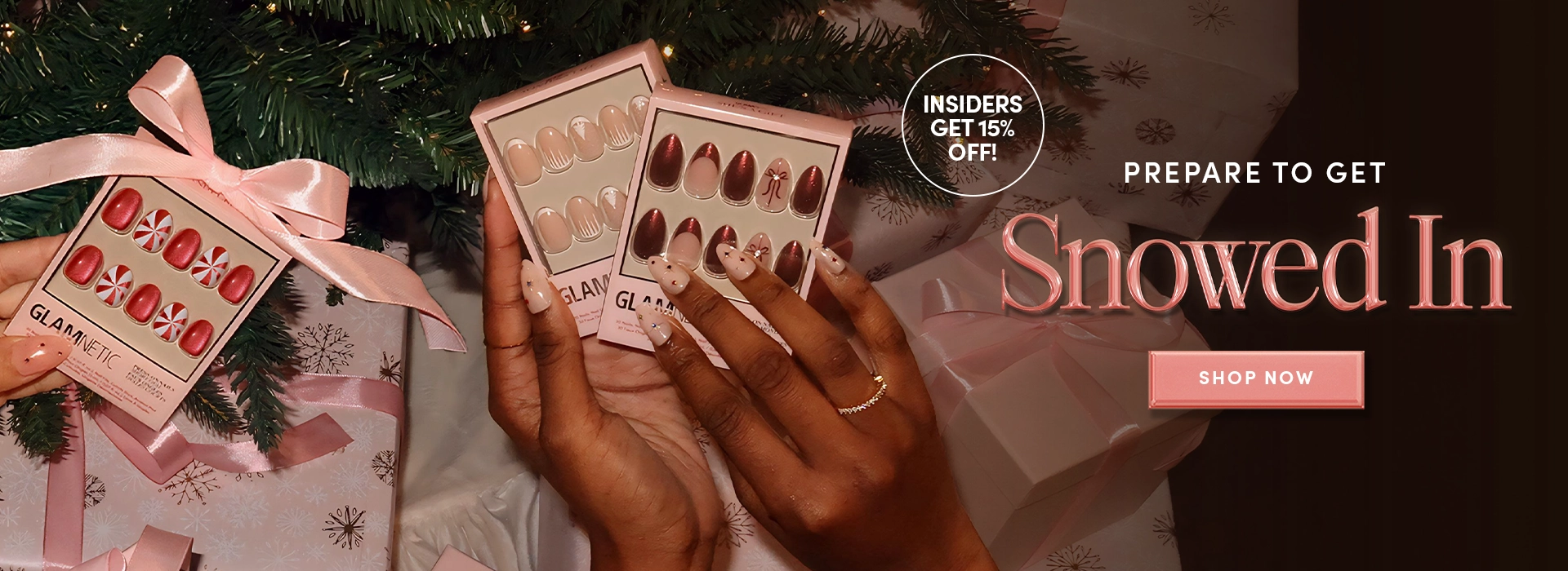 Hands holding makeup products with a festive background and promotional text.4