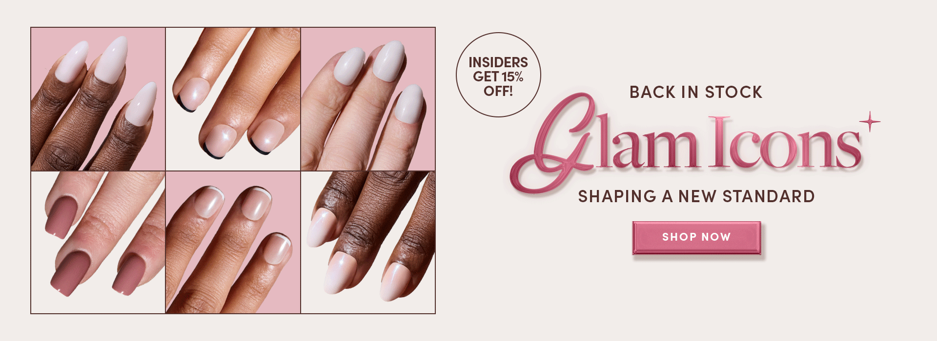 Glamnetic Glam Icons press-on nails displayed in neutral shades on diverse hands, with Back in Stock promotion.2