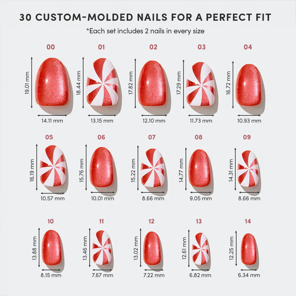 The glamnetic Candy Crush Nail Set features 15 pairs of red and white nails in various sizes, each labeled in millimeters, with solid red and peppermint swirl designs for a festive, custom fit. - Product image