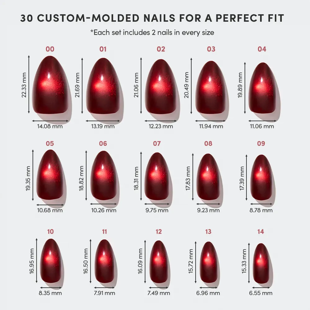 The glamnetic Frosted Cranberry Nail Set features 15 short almond sizes in a deep festive shade. Each set includes 2 nails per size and millimeter measurements for precise length and width. - Product image