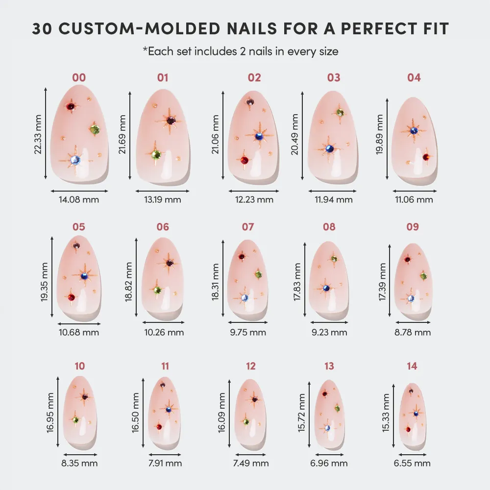 A glamnetic North Star sizing chart displays 15 almond nails (sizes 00–14) with millimeter length and width. Each pink nail features colorful gems and size labels, making them ideal for festive holiday manicures. - Product image
