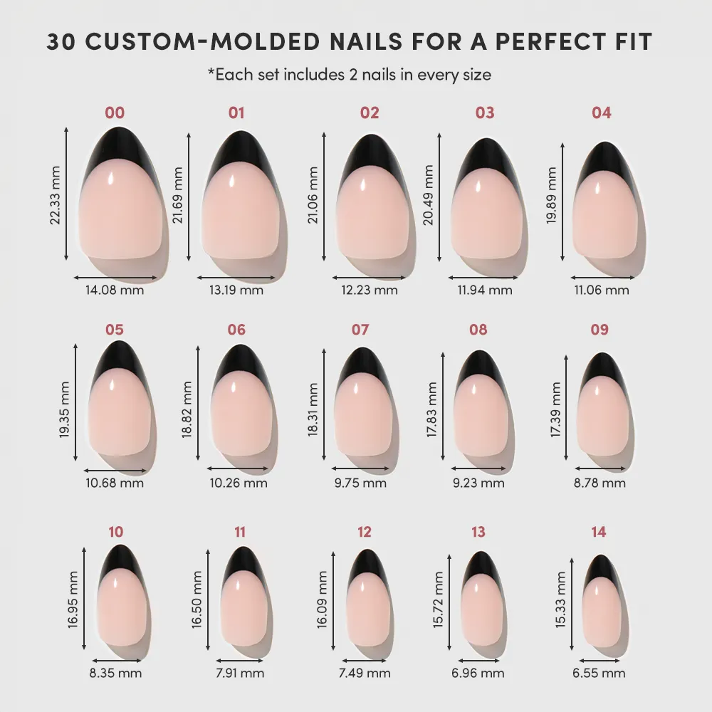 A chart displays 15 sizes of Caviar Press-On Nails by glamnetic, each custom-molded with black french tips, numbered 00–14, and shows their length and width in millimeters. - Product image