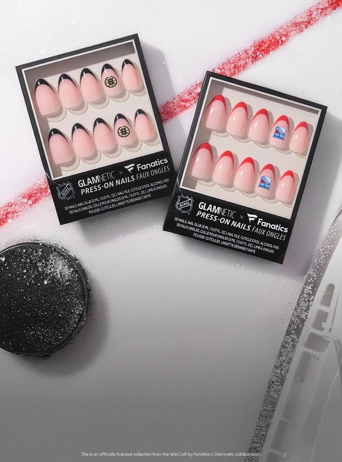 Two boxes of Glam Get Press-On Nails by Fanatics on a white background with red decorative elements.