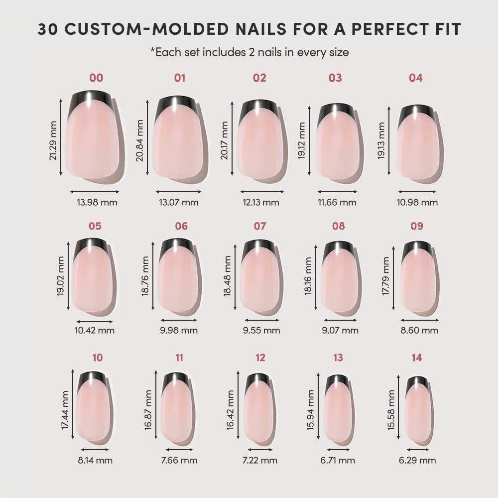 Chart displaying 15 glamnetic Balsamic Glaze custom-molded coffin shape press-on nails with width and length in millimeters, two nails per size for a perfect fit. French tip designs are arranged from largest to smallest. - Product image