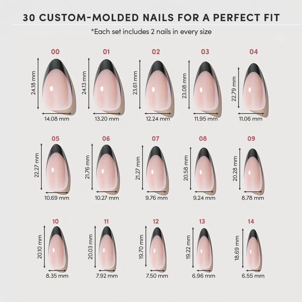 A chart displays 15 sizes of glamnetic's Black Truffle almond press-ons, with measurements in millimeters. Each set includes 30 nails—2 of each size—with pink bases and black French tips. - Product image