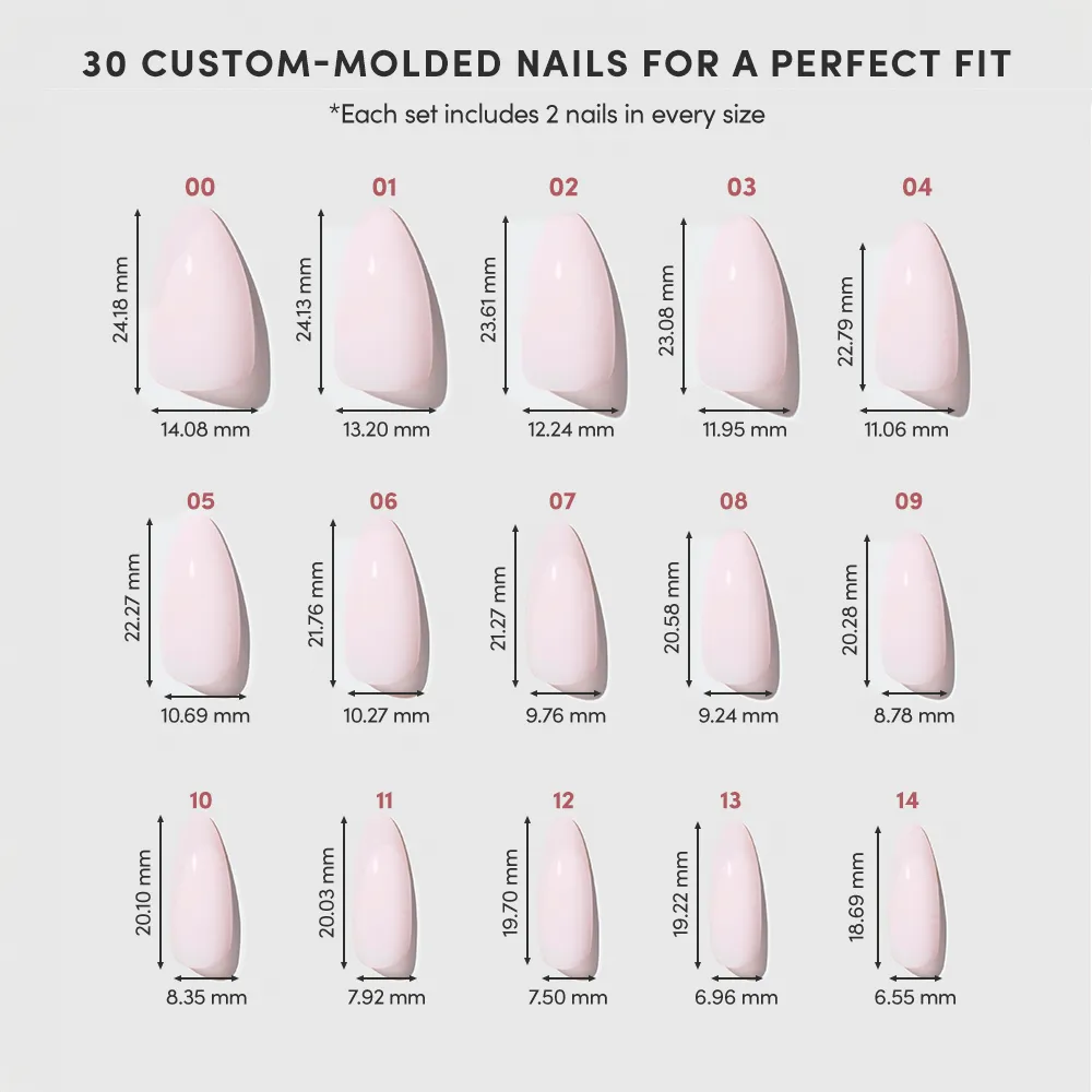 A chart displaying 15 sizes of glamnetic’s Blush Blanket custom-molded, almond-shaped nails, each labeled by width in millimeters. Side and top views are shown, with a note: 30 nails included for a perfect fit. - Product image