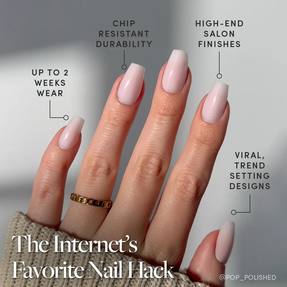 A hand showcases glamnetic Blush Dream Press-On Nails in medium coffin shape—long, glossy, and pale pink—featuring chip-resistant durability, up to 2 weeks wear, and trendy designs. Text: “The Internet’s Favorite Nail Hack.”. - Product image