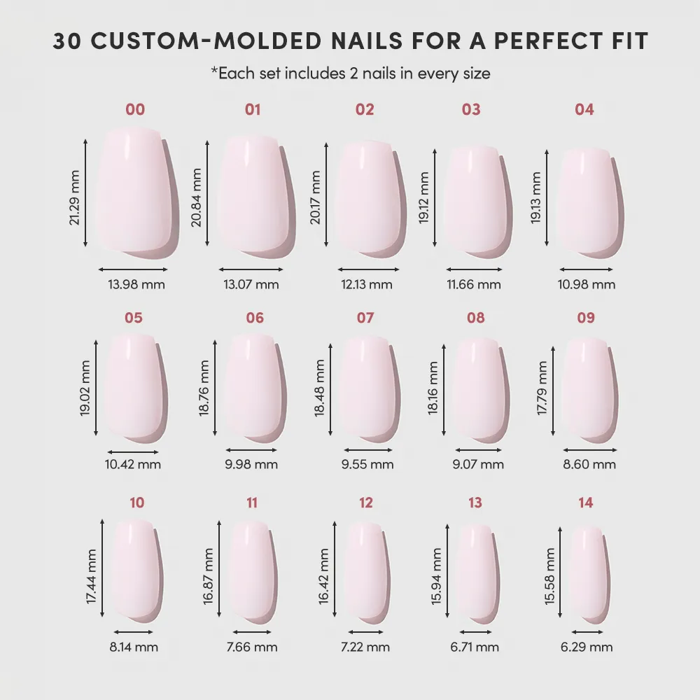 Chart displaying 15 sizes of glamnetic Blush Dream Press-On Nails in soft pink, labeled 00–14, each custom-molded medium coffin nail with precise width and height measurements (mm) shown beneath for easy selection. - Product image