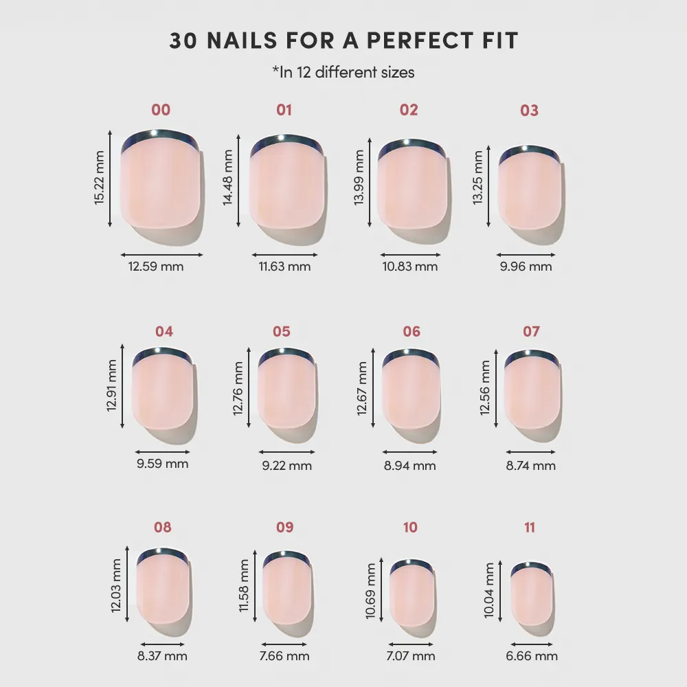 A chart displays 12 glamnetic Burnt Miso press-on nail sizes, each labeled with width and length in millimeters in four rows of three. The French tips have a glossy glazed finish. Title: 30 NAILS FOR A PERFECT FIT. - Product image