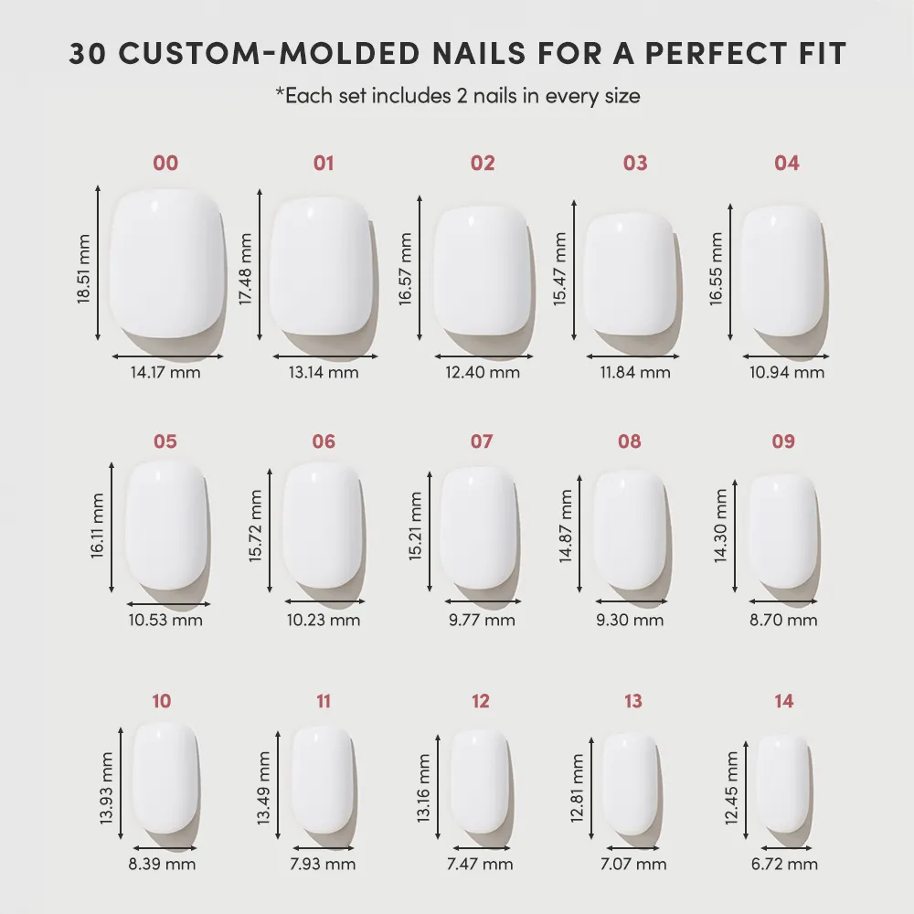 The glamnetic Clean Cut set features 15 sizes of salon-quality, custom-molded milky white nails (0–14), with width and height in millimeters shown on the chart. Each set includes 30 press-on nails arranged in three rows. - Product image