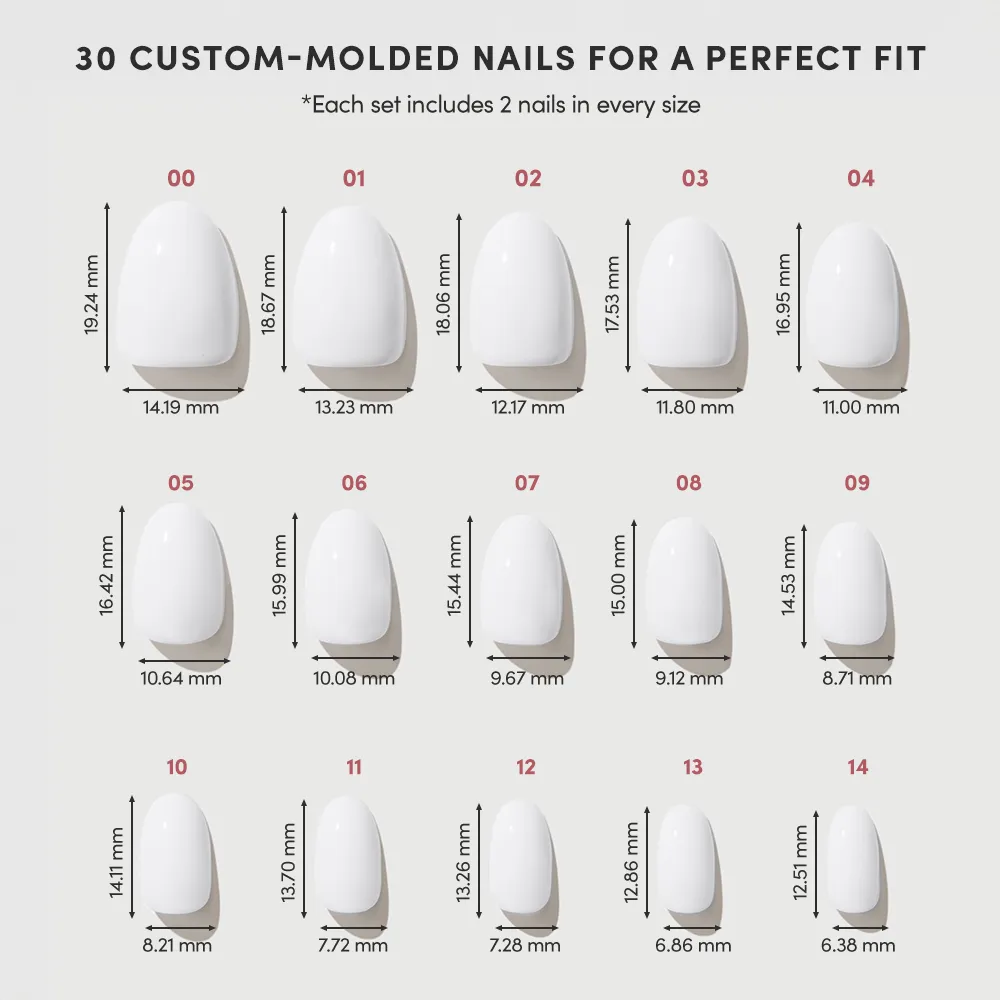Chart displaying 15 sizes of glamnetic Clean Girl white short oval press-on nails, each labeled with width and height in millimeters, arranged in three rows under the title, 30 Custom-Molded Nails For a Perfect Fit. - Product image