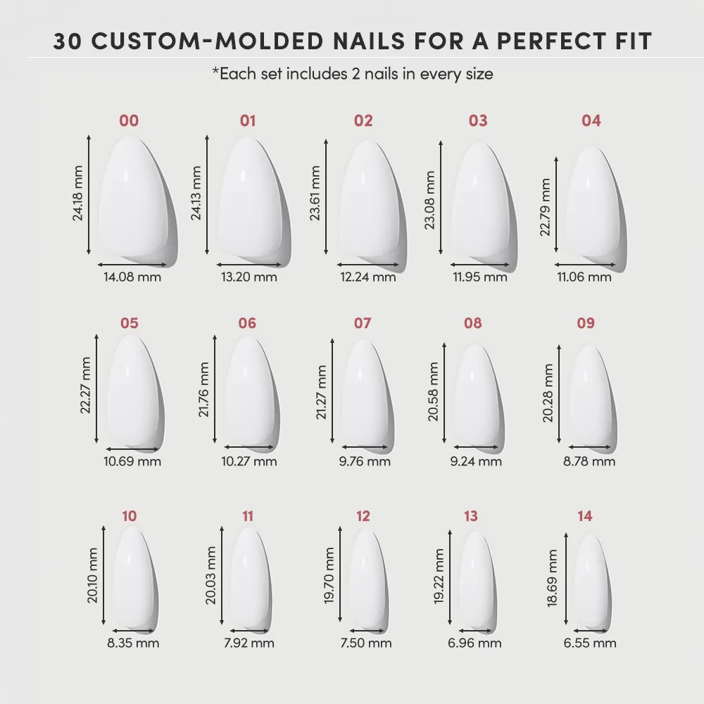 Diagram displaying 15 sizes of glamnetic Clouded custom-molded almond Press-On Nails, numbered 00–14, with each nail’s length and width in millimeters labeled beneath its milky mani image. - Product image