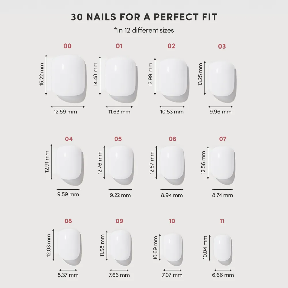 Chart displaying 12 white Cool Whip Super Short Press-On Nail sizes by glamnetic, each labeled with size numbers (00 to 11) and their width/height in millimeters. Text above reads 30 Nails for a Perfect Fit. - Product image