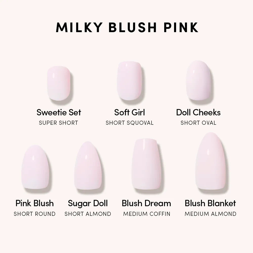 A chart displays glamnetic's Doll Cheeks artificial nails, a short oval press-on set in a light milky blush pink shade, offering salon-quality manicure convenience. - Product image