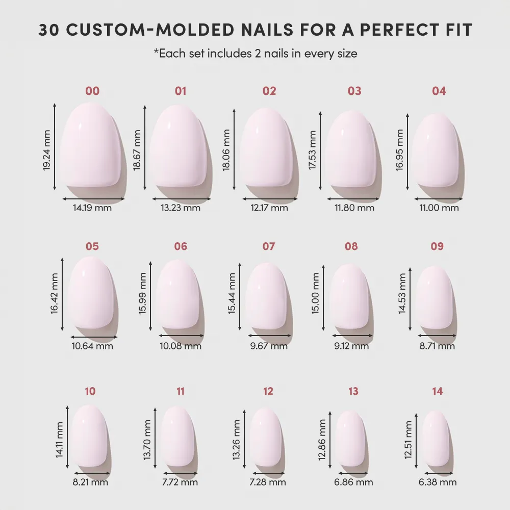 The glamnetic Doll Cheeks chart shows 15 custom-molded press-on nail sizes (00–14) with length and width in millimeters, arranged largest to smallest, for a salon-quality manicure at home. - Product image