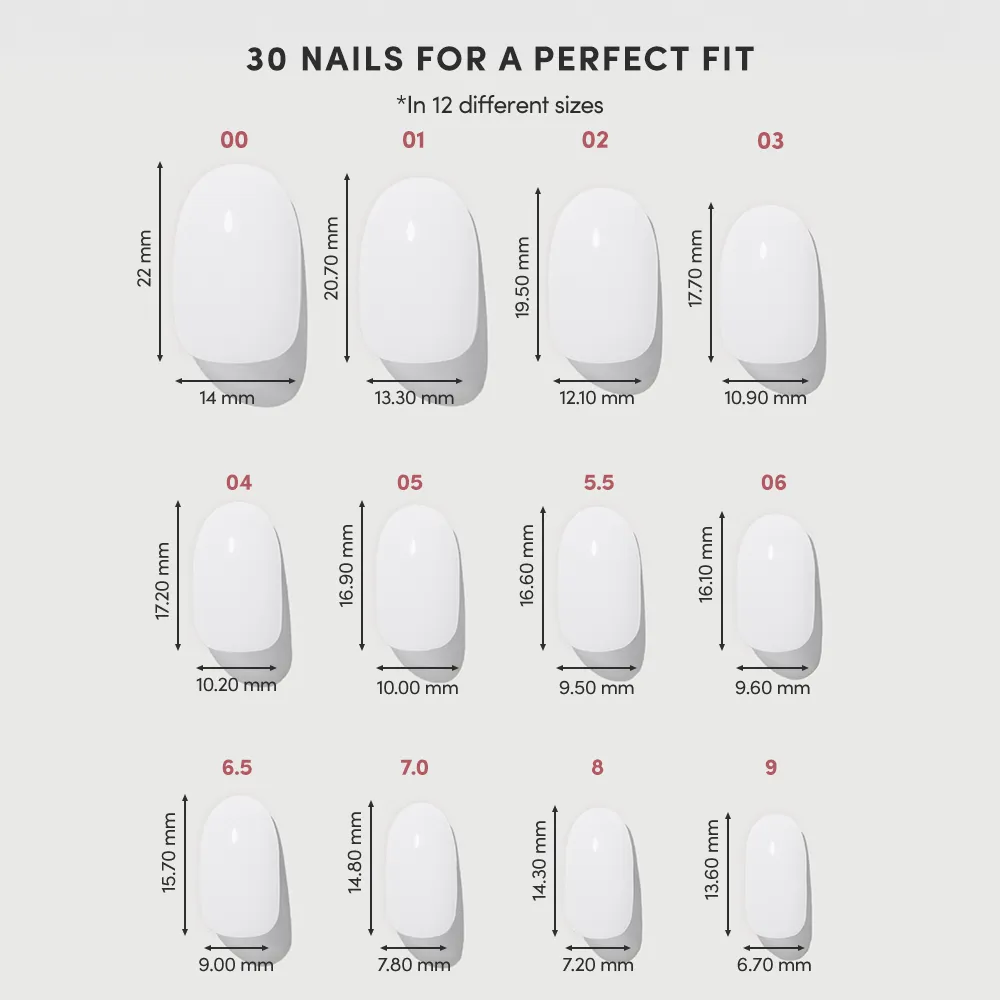 Diagram showing 12 sizes of glamnetic's Milk Bath Press-On Nails (short round), labeled 00–9, each with length and width in millimeters. Nails are arranged by size to ensure a perfect milky mani fit. - Product image