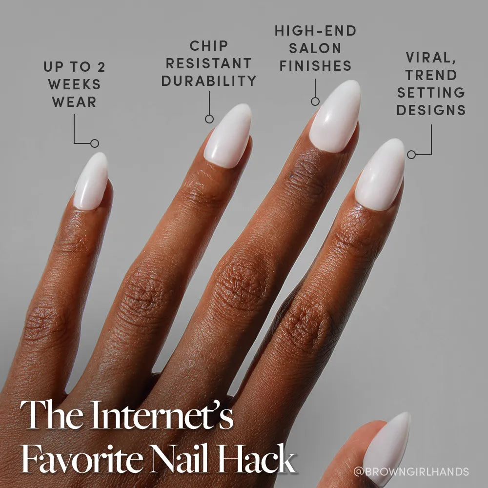 A hand with long, almond-shaped milky white nails by glamnetic is shown. Text highlights up to 2 weeks wear, chip-resistant durability, salon-quality finish, and viral designs. Text: The Internet’s Favorite Nail Hack. - Product image
