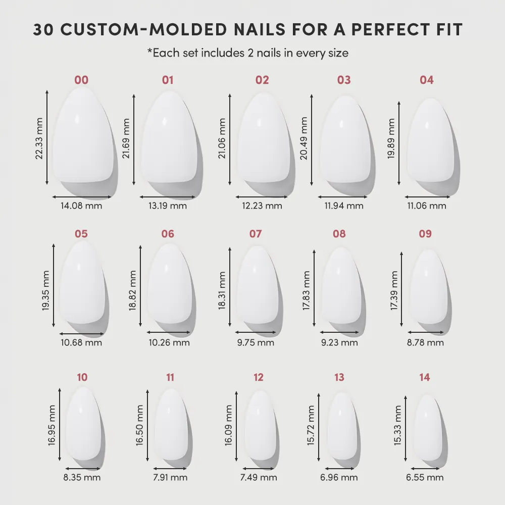 Chart displaying 15 custom-molded Milky White Press-On Nails by glamnetic in short almond shape, sized in millimeters and numbered 00–14. Each set includes 2 nails per size (30 nails total) for a salon-quality mani at home. - Product image