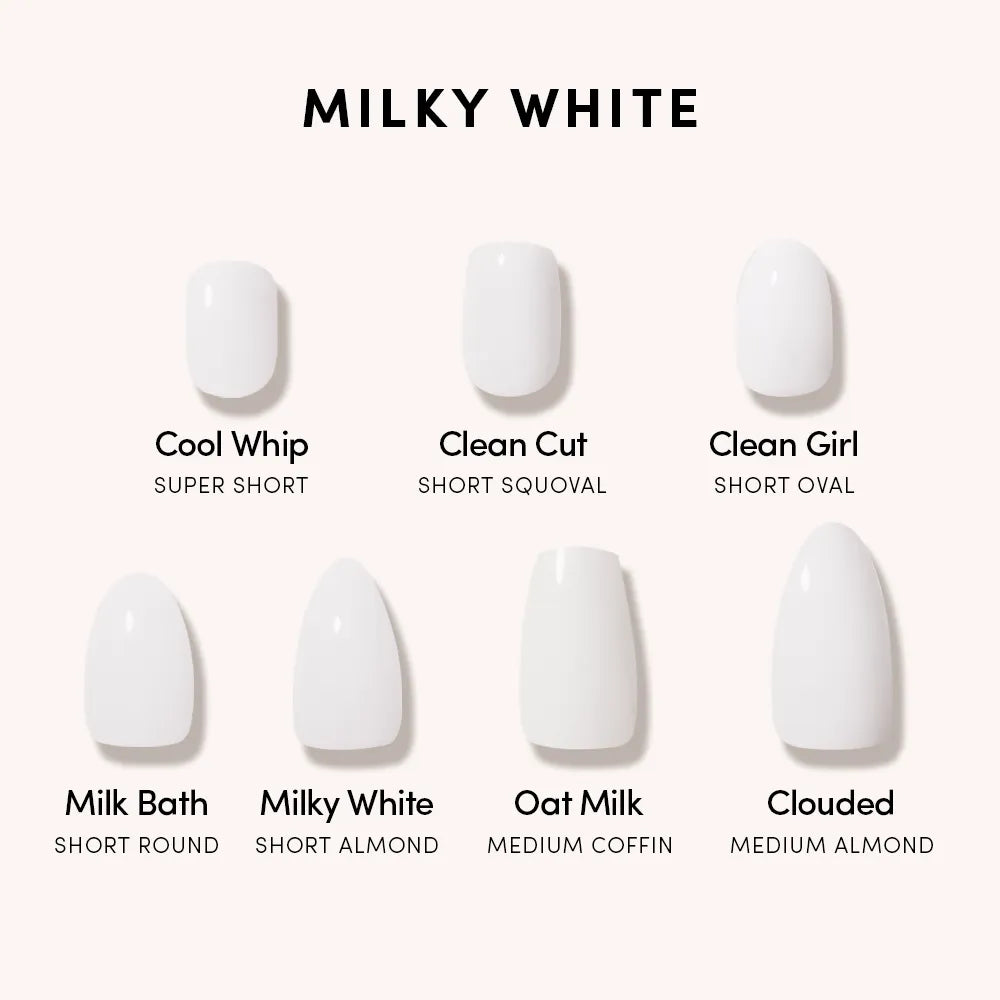 Glamnetic’s Oat Milk Press-On Nails kit includes seven milky white styles—from super short to medium almond, plus chic coffin shapes—giving you everything for the perfect milky mani. - Product image