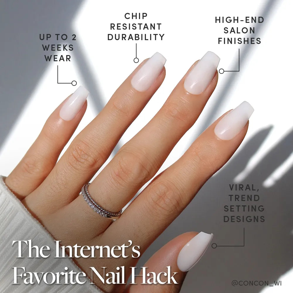 A hand with long, glossy, white ombre coffin nails in "Oat Milk" by glamnetic is shown. Text highlights up to 2 weeks wear, chip-resistant durability, salon-quality finish, and trending designs. The wearer sports a silver ring. - Product image