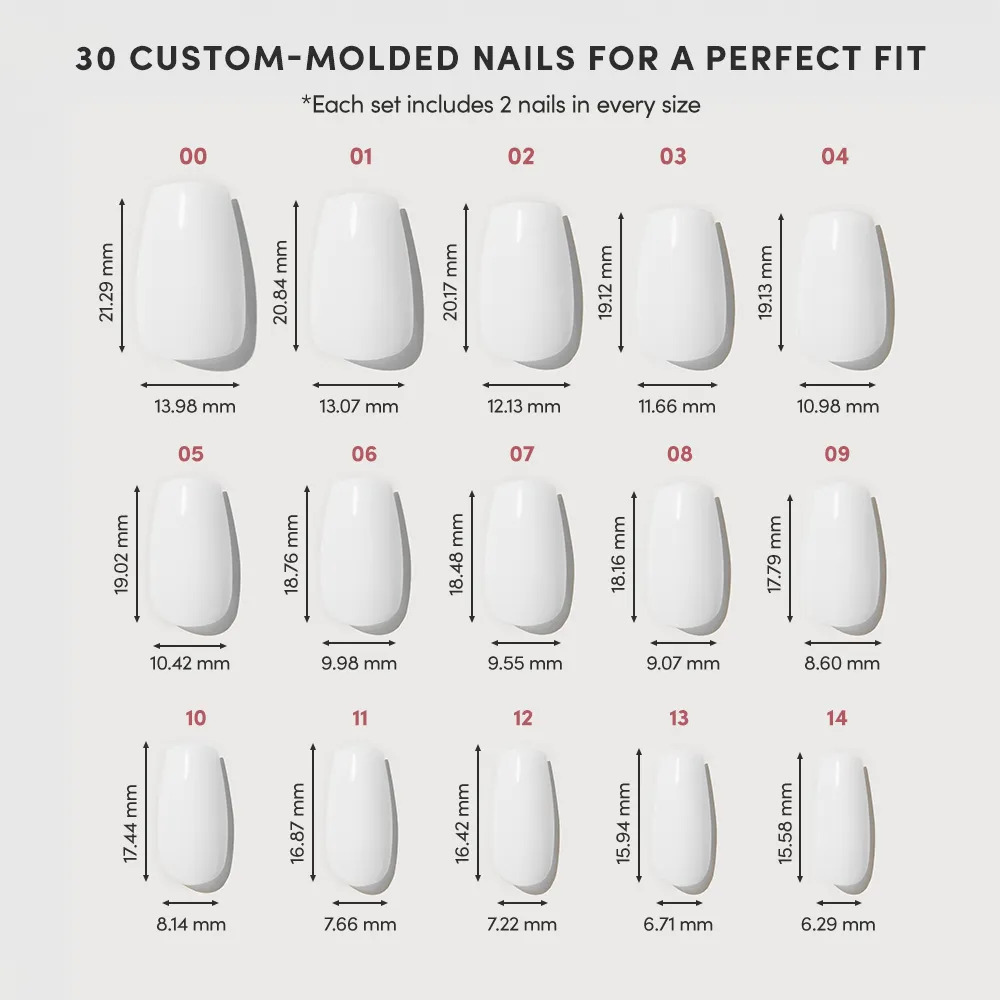 A chart displays 15 sizes of glamnetic Oat Milk custom-molded white coffin nails, labeled 00 to 14, with each nail's length and width in millimeters shown beneath for a flawless milky mani. - Product image