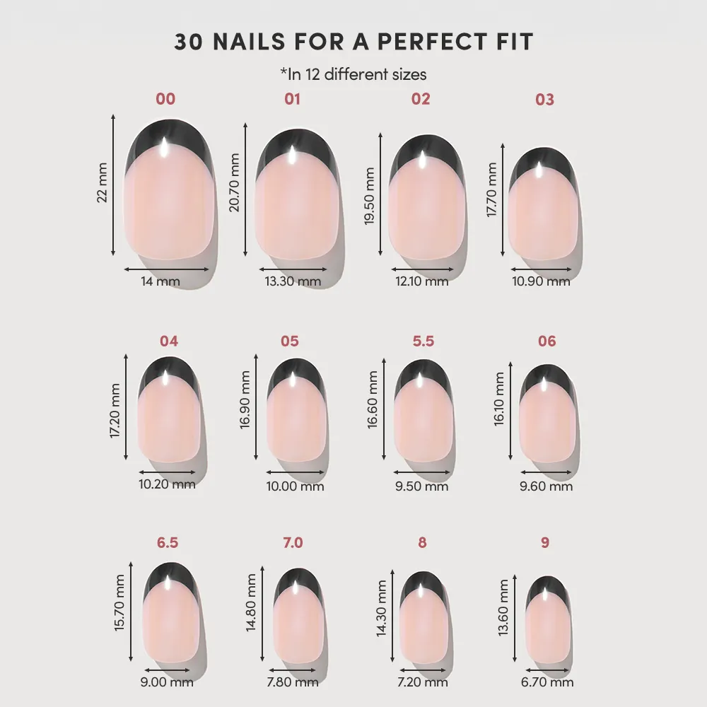 Chart of 12 glossy, black-tipped artificial nail sizes labeled with numbers and millimeter measurements in three rows, titled “glamnetic Onyx Glaze: 30 Nails for a Perfect Fit.”. - Product image