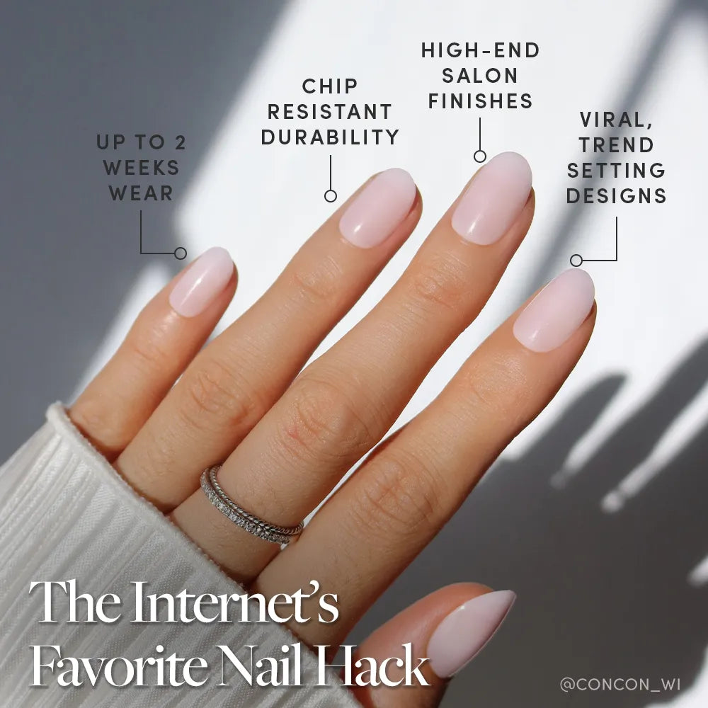 A hand with neatly manicured, short round nails in Pink Blush by glamnetic showcases salon-quality benefits: chip-resistant durability, viral designs, and up to 2 weeks of wear. Text reads: The Internet's Favorite Nail Hack. - Product image