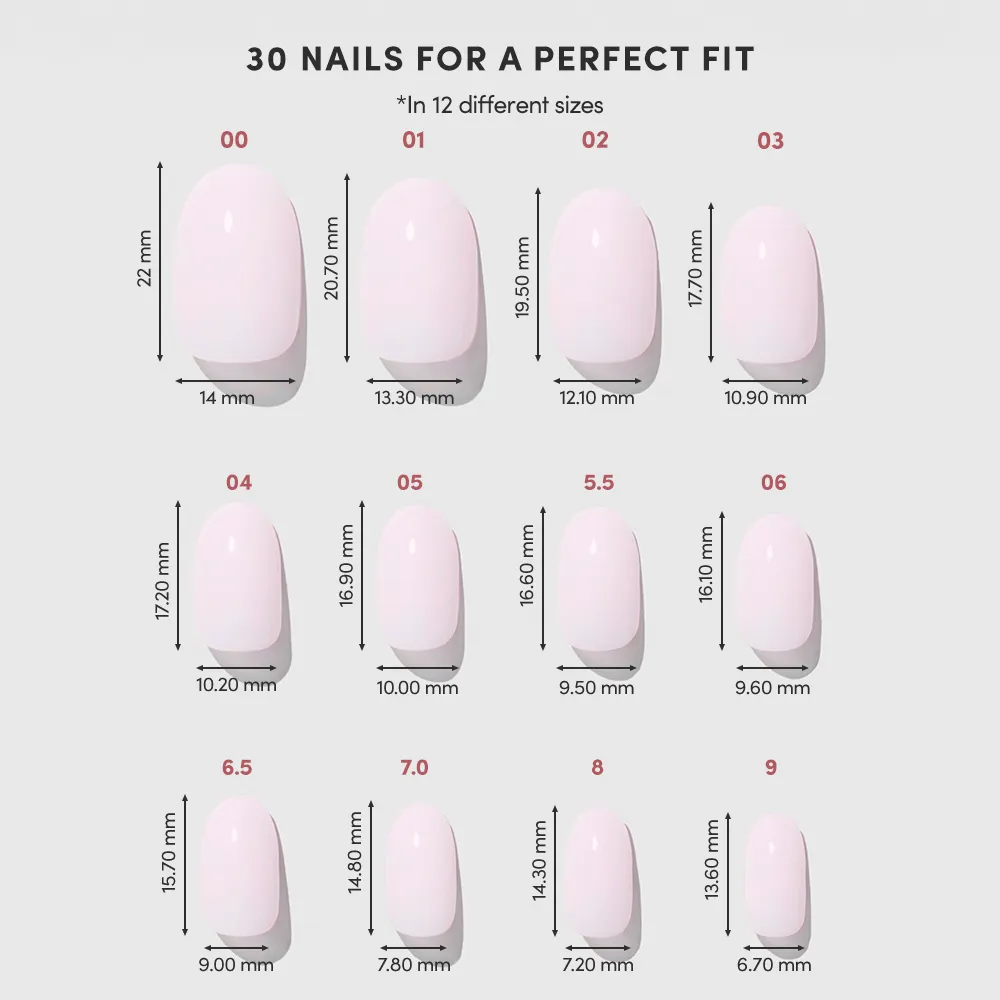 Chart displaying 12 Pink Blush Press-On Nail sizes by glamnetic, each labeled 00–9, with specific width and length in millimeters for a salon-quality fit on various short round nails. - Product image