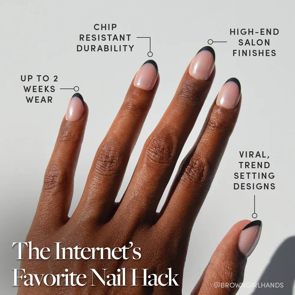 A hand with a minimalist black-tipped French manicure in "Smoke Salt" by glamnetic is shown, featuring glossy glazed nails. Labels highlight chip-resistant durability, salon quality, up to 2 weeks' wear, and trendsetting style. Text: The Internet’s Favorite Nail Hack. - Product image